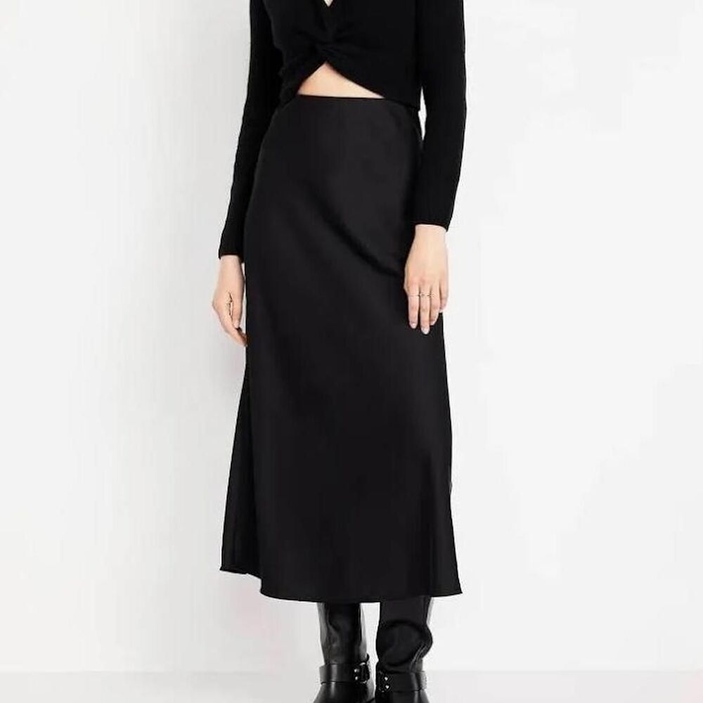 Old Navy Black Satin Midi Skirt 2X Side Slit Elastic Waist Slip Skirt Plus